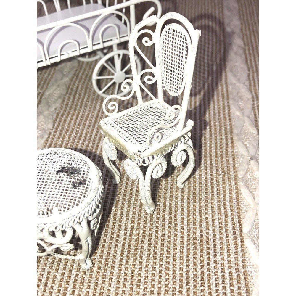 6 Pcs Miniatures White Metal Flower Cart, 2 Pedestals, Metal Chair and 2 Tables - Picture 9 of 16